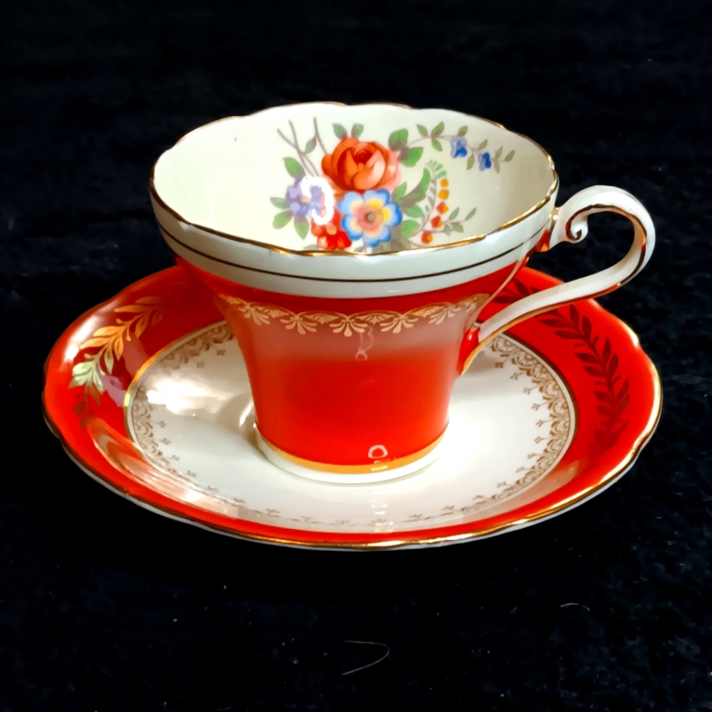 Vintage Ansley England Fine Bone China Tea Cup & Saucer Set Burnt Orange & Gold